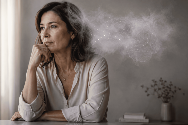 Ilustração conceitual sobre névoa mental na menopausa — ciência, hormônios e nutrição
