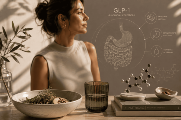 Ilustração conceitual sobre preservação de massa muscular no uso de GLP-1 — corpo, força e nutrição
