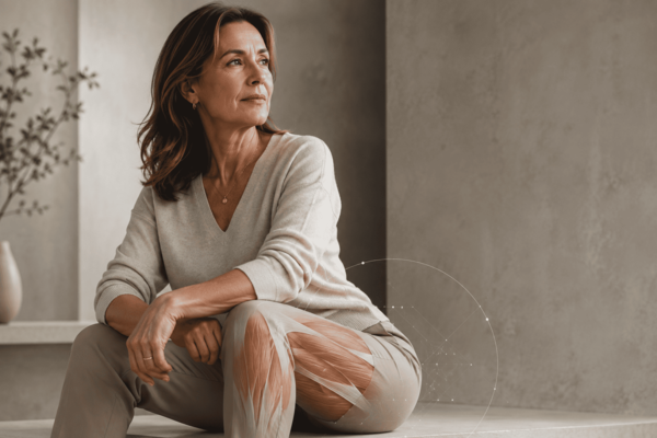 Ilustração conceitual sobre sarcopenia pós-menopausa e distribuição de proteína — ciência, músculo e nutrição